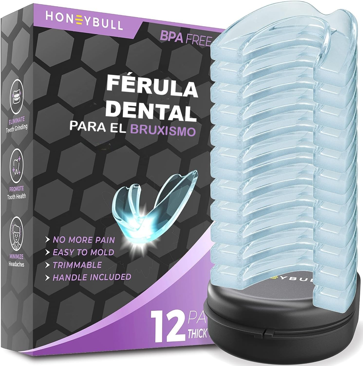 HONEYBULL Férula Antibruxismo Ajustable, Protector Bucal Cómodo para Bruxismo Nocturno Leve y Severo (12 Unidades - Grueso)