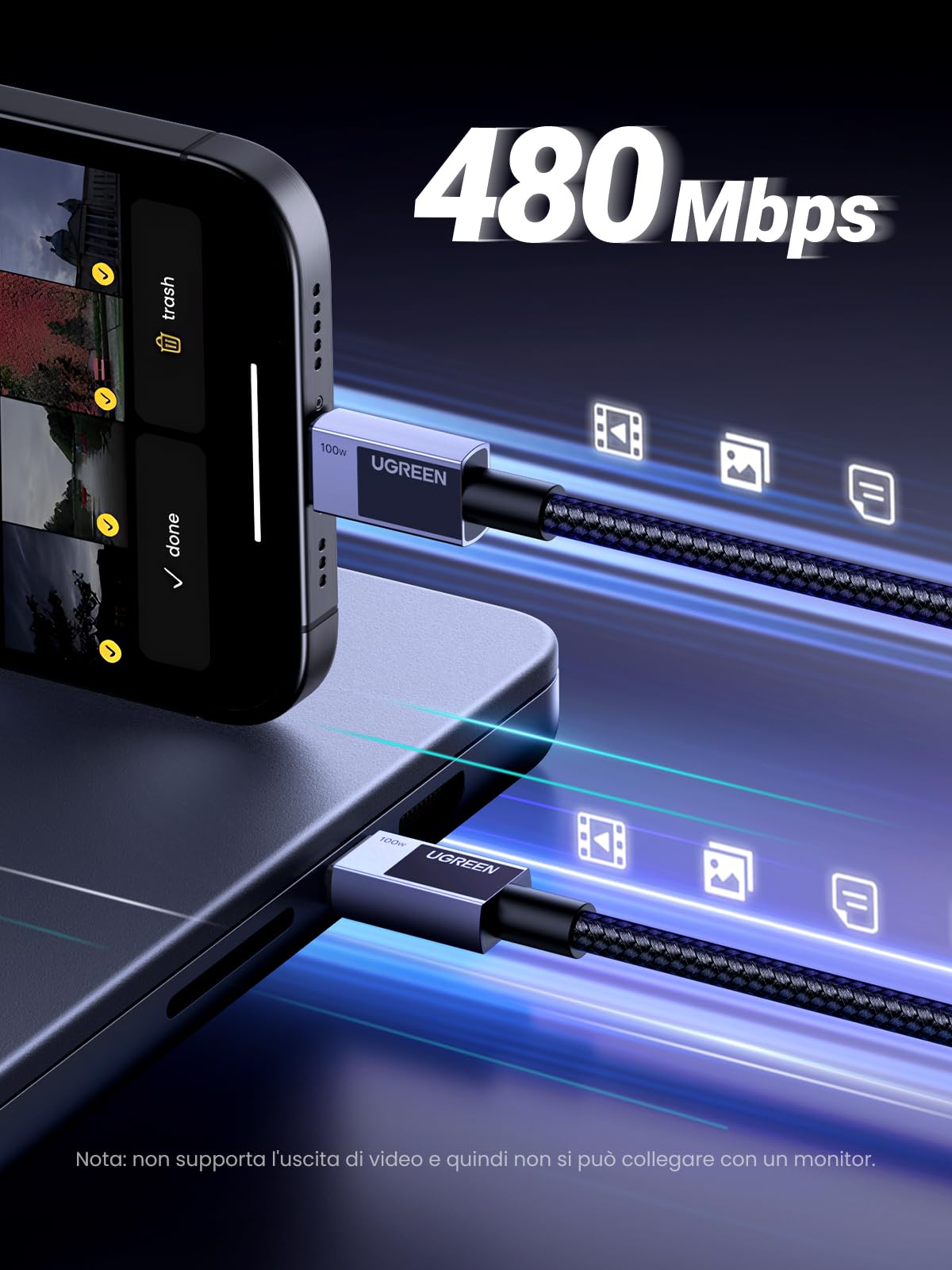 UGREEN 100W Cavo USB C PD 3.0 Ricarica Rapida 20V 5A Lega di Alluminio 1M