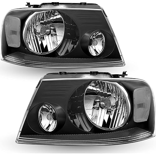 Headlight Assembly Set for 2004-2008 Ford F150 Pickup / 2006-2008 Lincoln Mark LT Driver and Passenger Side, Black Housing with Clear Reflector