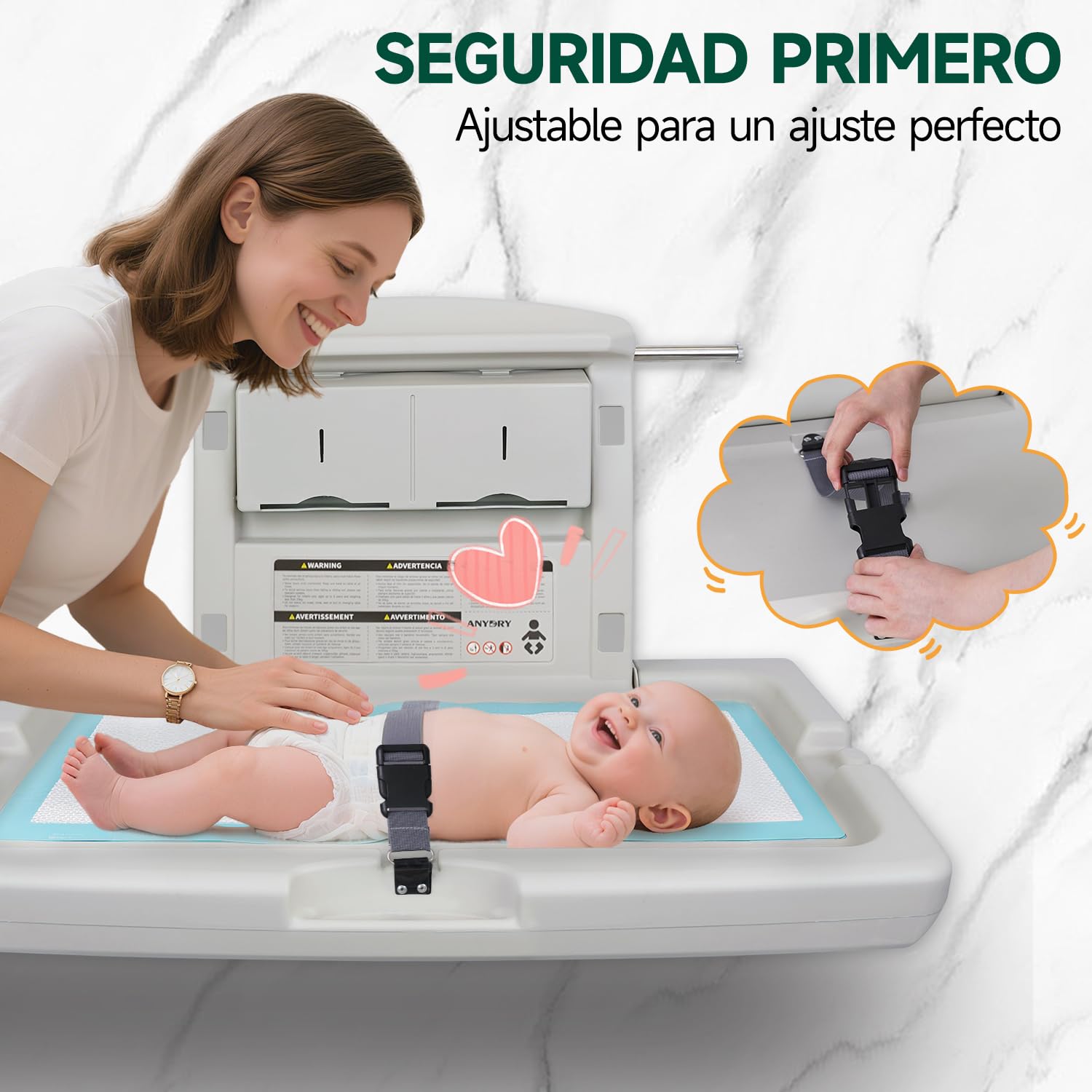 anydry Estación para cambio de bebés de pared resistente, Diseño robusto con correas de seguridad, Plegable ahorrador de espacio, en elegante blanco grisáceo