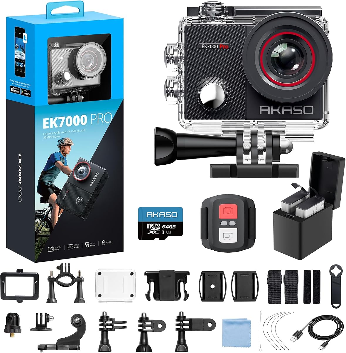 Cámara de acción EK7000 Pro 4K30fps con tarjeta de memoria MicroSDXC U3 de 64 GB Paquete de accesorios Cámara Ultra HD de 131 pies Cámara impermeable EIS WiFi Control remoto Cámara subacuática con zoom 5X