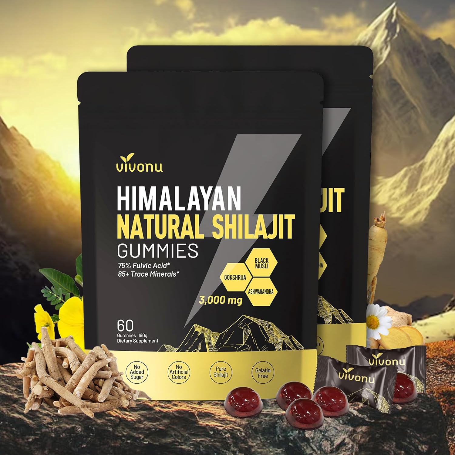 VivoNu Shilajit* Gummies,Pure Himalayan* micronutrient Supplement, Himalayan Premium Ingredient with Shilajit, Ashwagandha, Gokshura, Fulvic Acid & 85+ Trace Minerals I for Men & Women (3000MG/2 Bag)