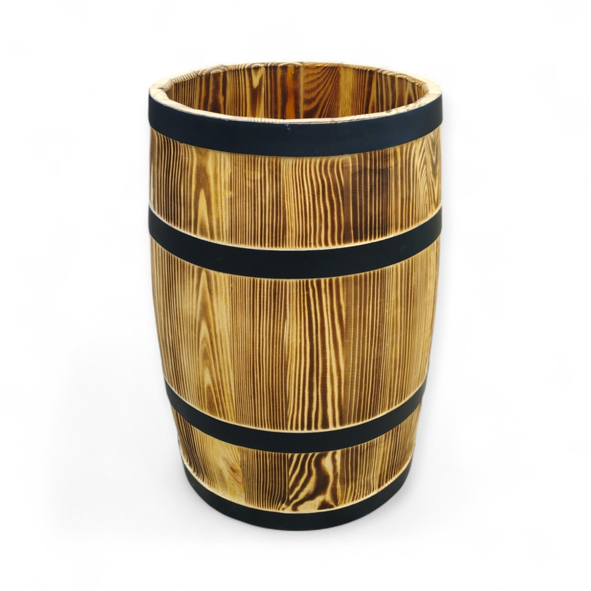 Antique Look Wooden Barrel without Lid - Burnt Wood with Metal Hoops - Rustic Rain Barrel, Planter or Garden Decoration 60 Litres
