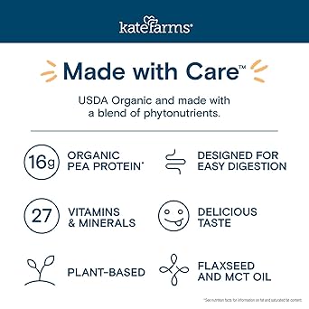 KATE FARMS Organic 1.2 Glucose Support Shake, Vanilla, 16g Protein, 27 Vitamins and Minerals, Meal Replacement, 8.45 oz (6 Pack)