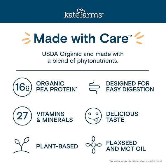 KATE FARMS Organic 1.2 Glucose Support Shake, Vanilla, 16g Protein, 27 Vitamins and Minerals, Meal Replacement, 8.45 oz (6 Pack)