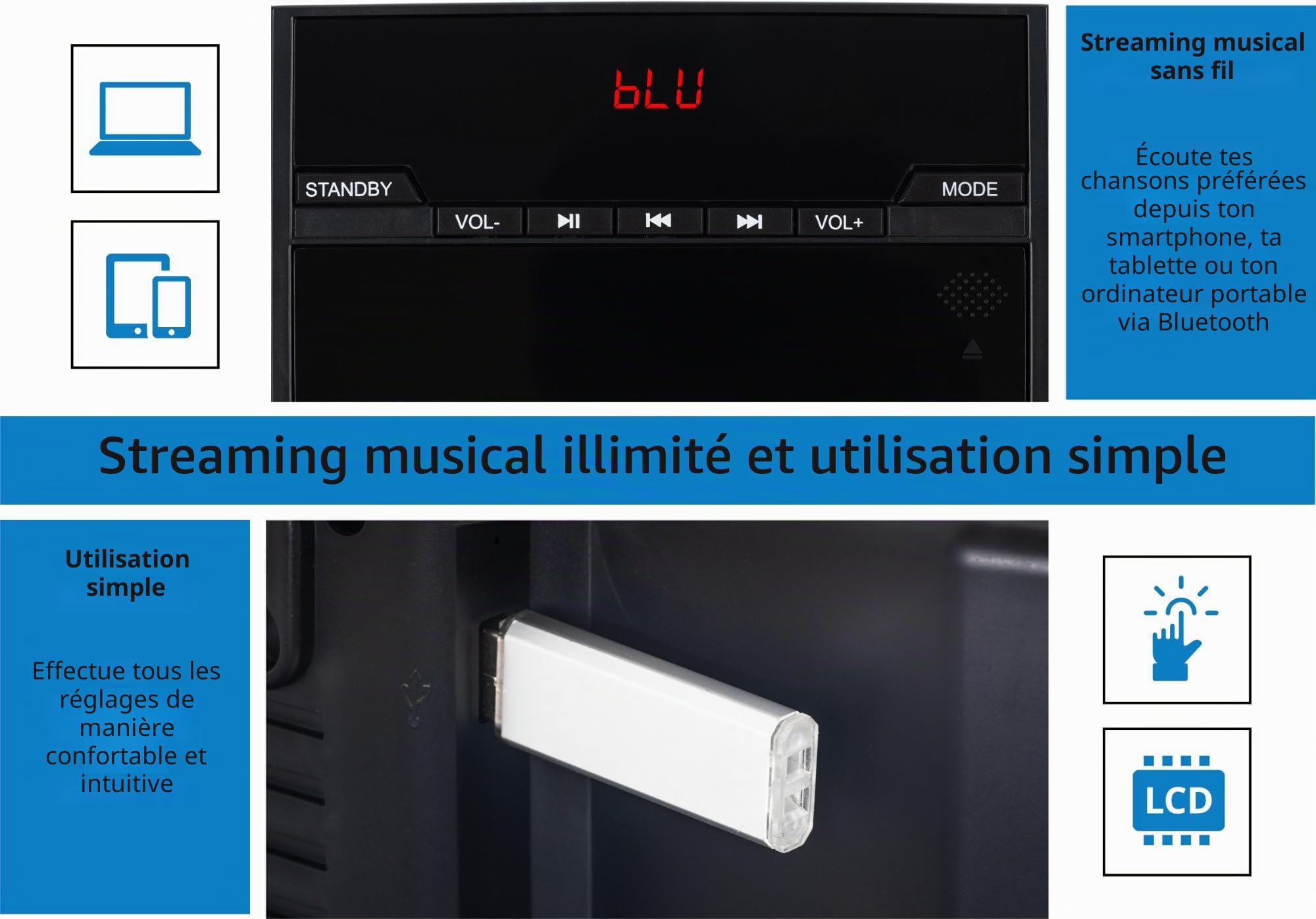 MCD-60 Système Stéréo Vertical (Lecteur CD/MP3, USB, Bluetooth, Entrée Aux, Montage sur Pied Ou Mural, Télécommande Incluse) Noir