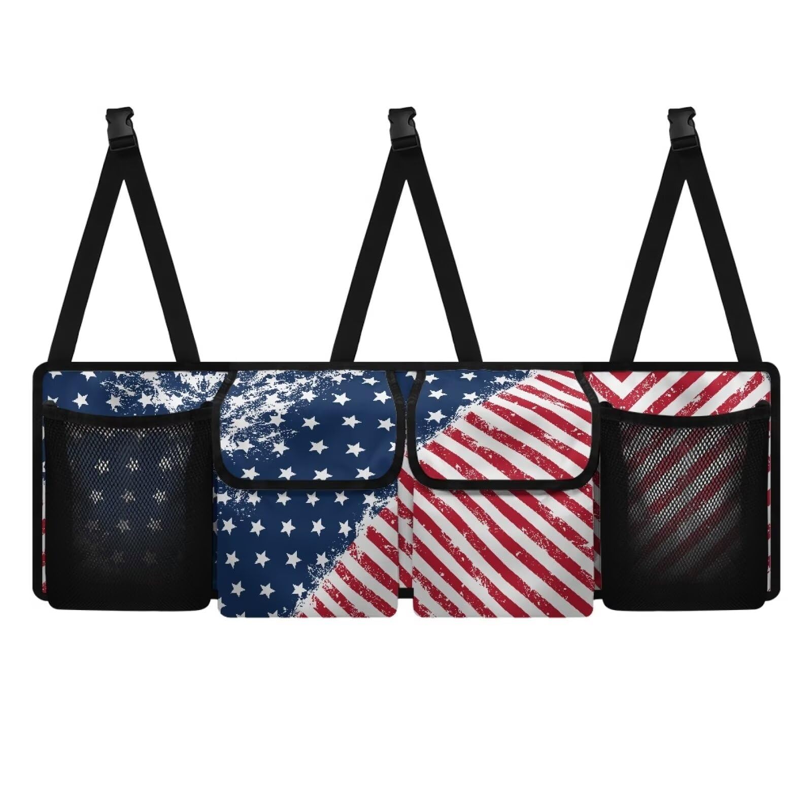 gearider 4th of July Hanging Car Trunk Organizer and Storage American Flag Pattern Collapsible Seat Back Hanging Organizeres Automotive Backseat Cargo Storage Bag with 4 Pockets 3 Adjustable Straps