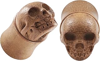 Pair of Teak Wood Hand Carved Skull Double Flared Piercing Jewelry Ear Stretcher flesh Plugs Lobe Earring