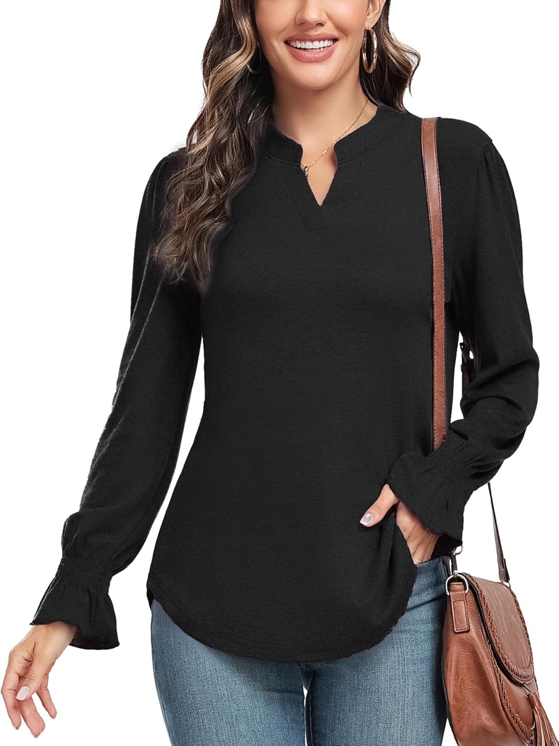 Women's Fashion Long Sleeve Tunic top Casual Loose Diamond V Neck Daily Work Shirts - Image 2