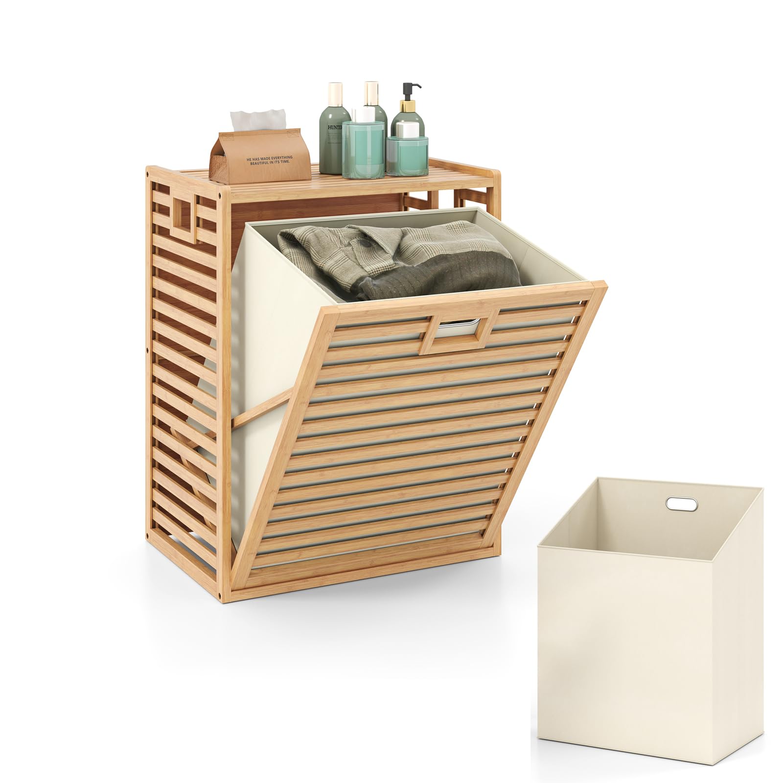 GIANTEX Armario de Lavandería de Bambú, Cesto para Colada de Tela Extraíble, 50 x 35 x 64 cm, Armario para Ropa Sucia con Asa, Mueble Organizador para Baño, Lavandería