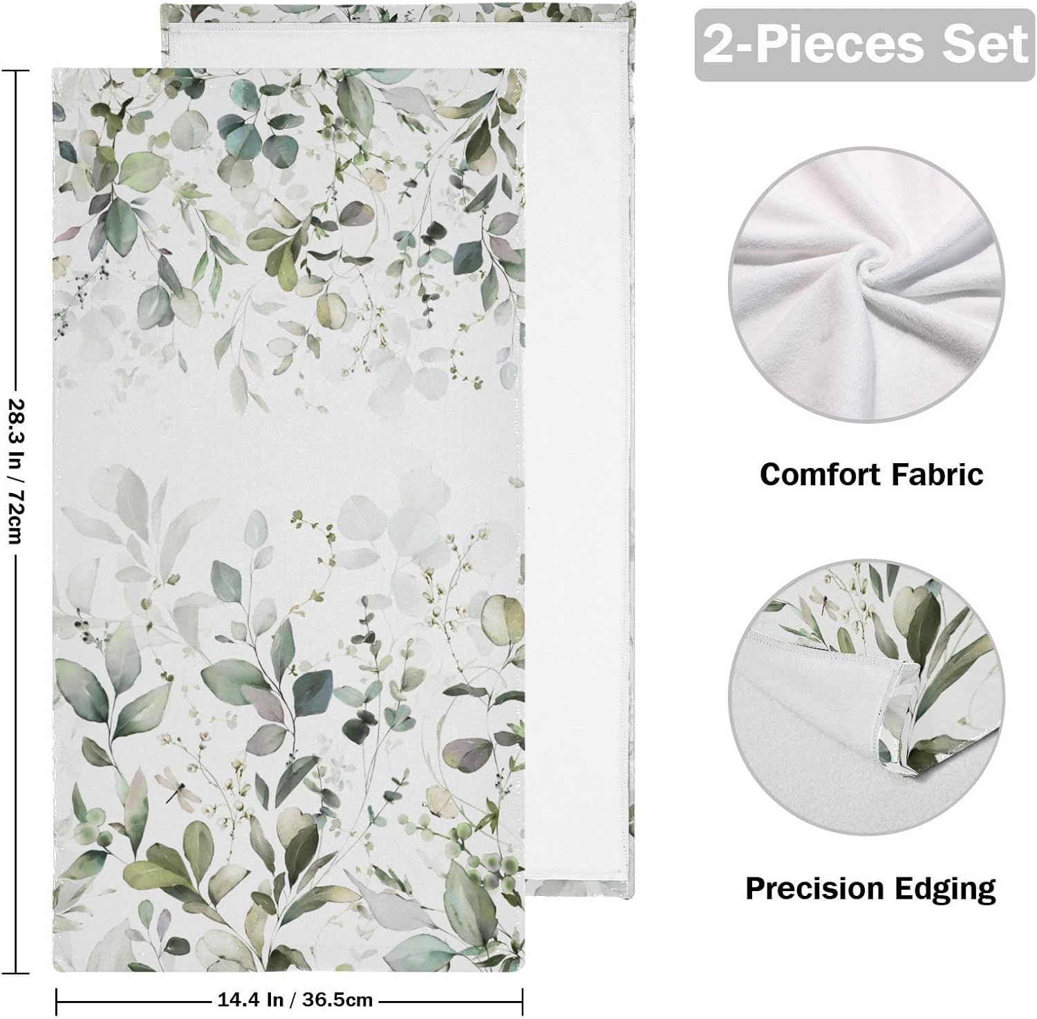 Green Eucalyptus Hand Towels for Bathroom Set of 2 Vintage Watercolor Leaf Plant Floral Face Towels Microfiber Leaves Kitchen Towels Decorative Bathroom Towels for Shower Guest 14" x 28"