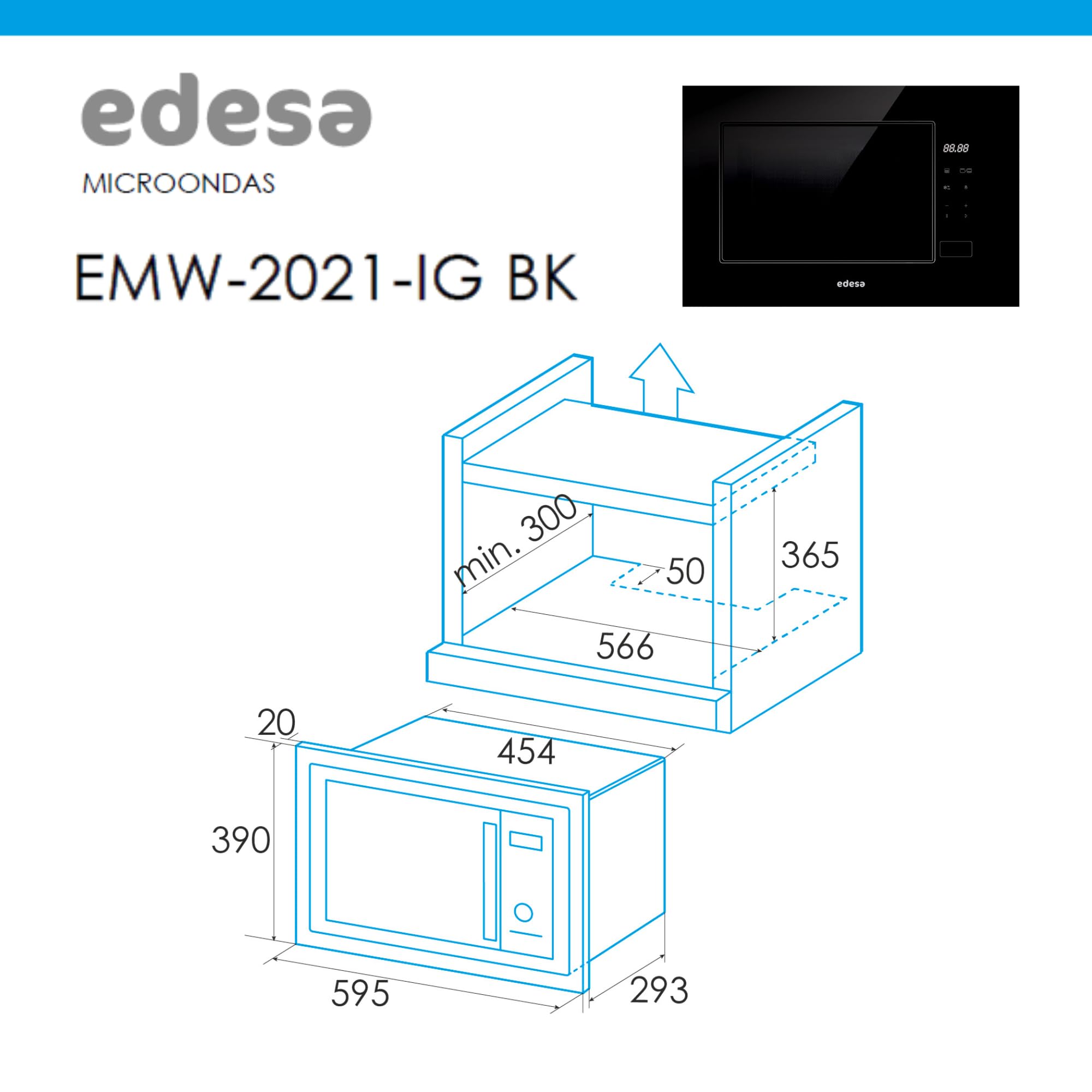 EDESA Microondas De Encastre EMW-2021-IG BK Sin Marco Gran Capacidad 20 Litros Potencia Grill 800W Descongelación 5 Funciones Botón Inicio Rápido Instalación Mueble Alto Acabado Negro