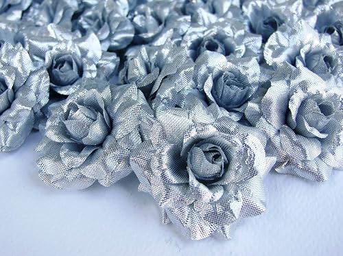 Flores artificiales, rosas plateadas con cabeza de seda, 50 unidades, flores falsas, perfectas para bricolaje, telón de fondo de boda, centros de