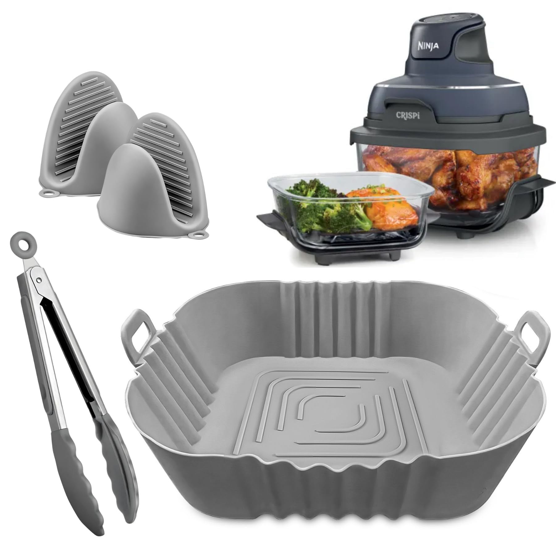 FryEasy Airfryer-Zubehör: Silikon-Einlagen für Ninja Crispi Air Fryer FN101GY/FN101UKGY, inkl. Handschuhe und Zange, Grau, Rechteckig, 2er-Pack :