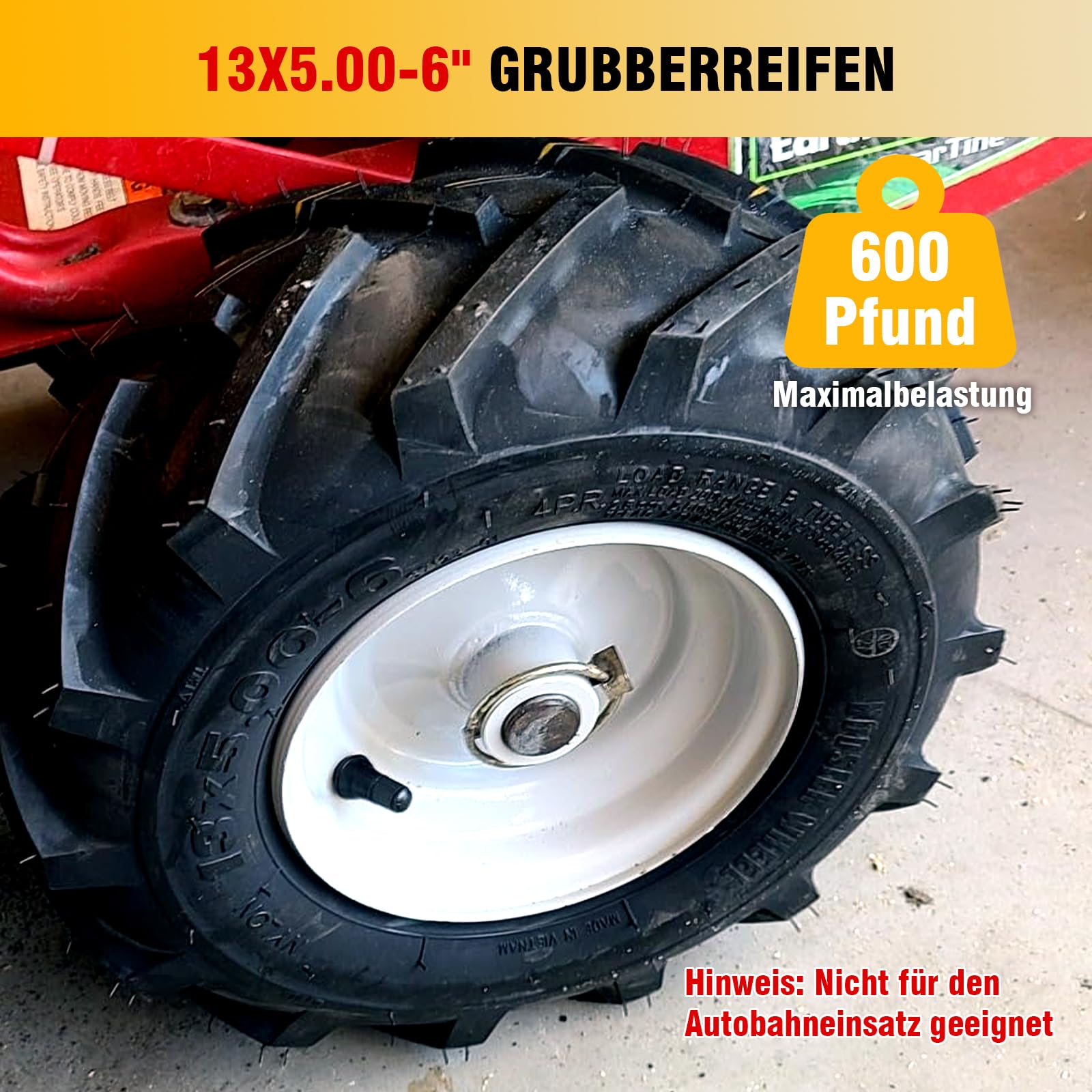 Pneu et roue de cultivateur 13x5.00-6" 2 Emballage à moyeu de 1 pouce et longueur de moyeu centré de 3-1/8 pouces, pneu de remplacement agricole à super crampons pour tracteur et trancheuse