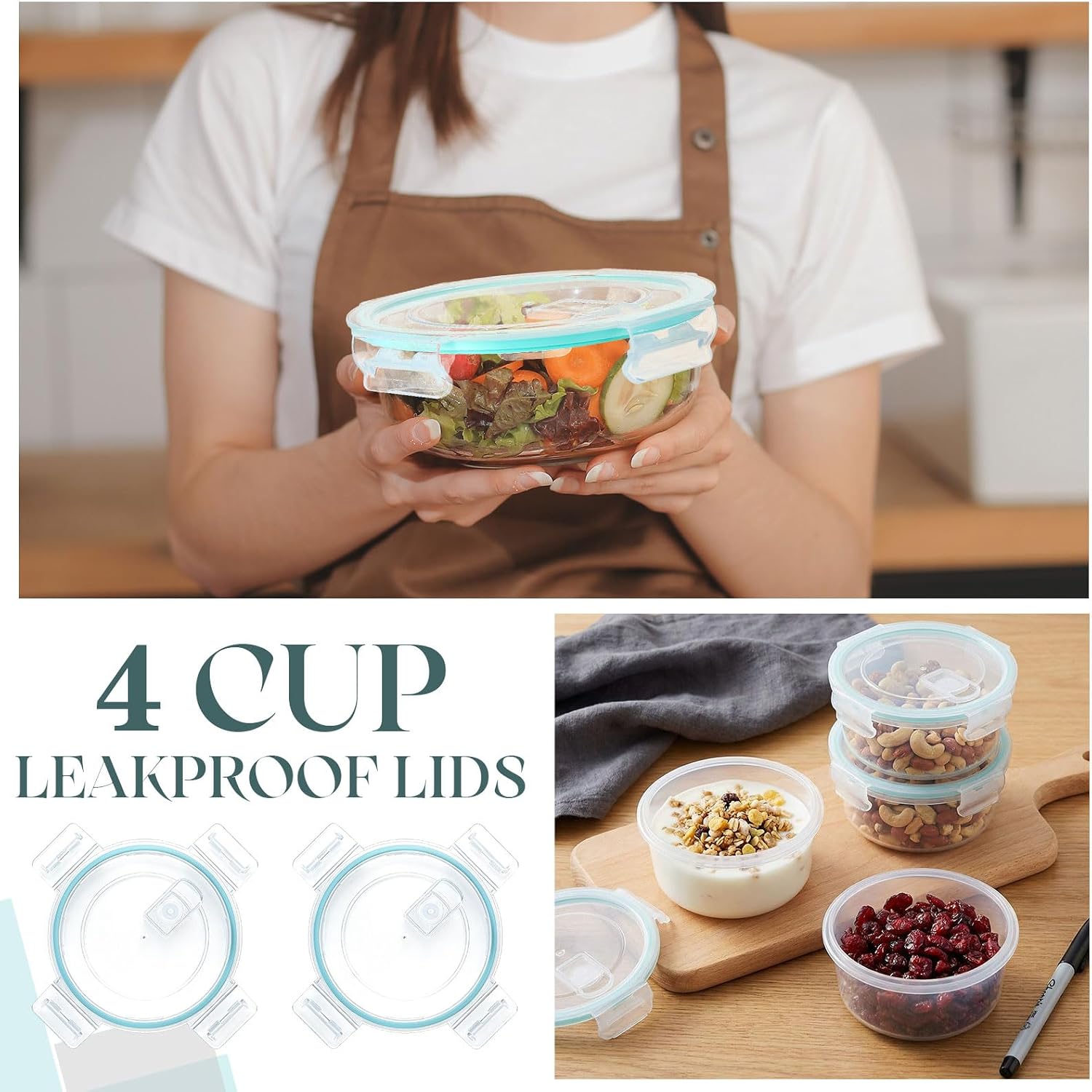 2 Pcs 4 Cups Plastic Food Storage Lid with Green Gasket Leakproof Airtight Lockable Replacement Clear Storage Lid for Kitchen Bowl