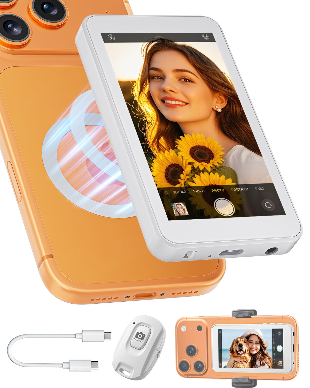 Vlog Selfie Monitor Screen for iPhone & Android, Audio Sync Built-in Speaker, Wireless Magnetic Phone Back Camera Monitor with Remote Control for Selfie Vlog Live Stream TikTok (White)-picture-15