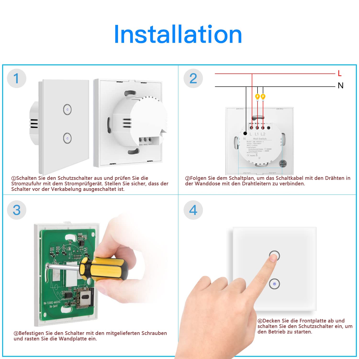 ZigBee - Interruptor de luz inteligente Alexa para empotrar con wifi, sensor táctil de cristal, 2,4 GHz, interruptor de pared sencillo (requiere concentrador), compatible con Google Home/Tuya/Smart