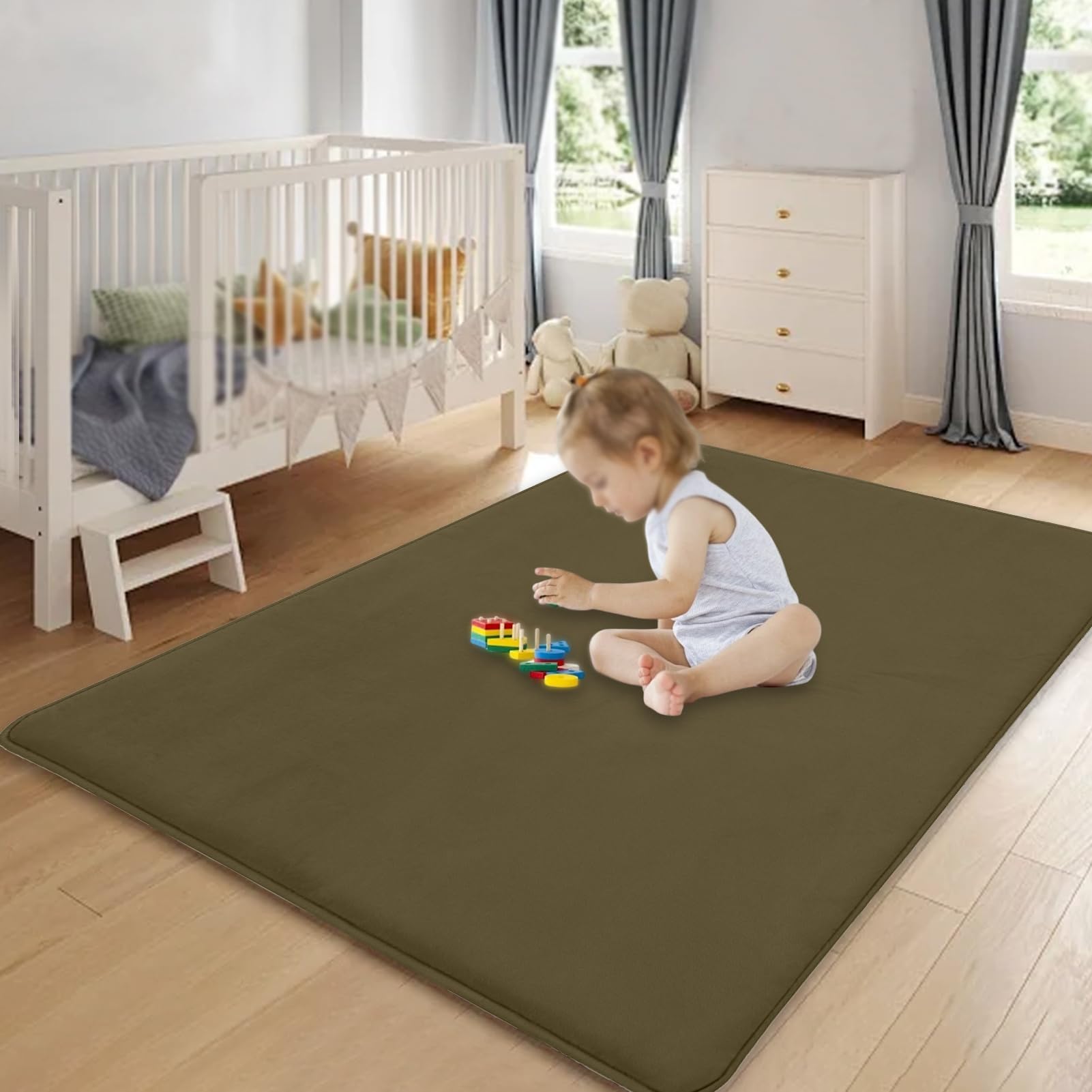 Krabbel- und Spielmatte für Babys, 120 x 250 cm, Korallensamt, 3 cm, Krabbelmatte für Babys, groß, rutschfest, für Kinder, für Wohnzimmer, Schlafzimmer, Yoga, Grün