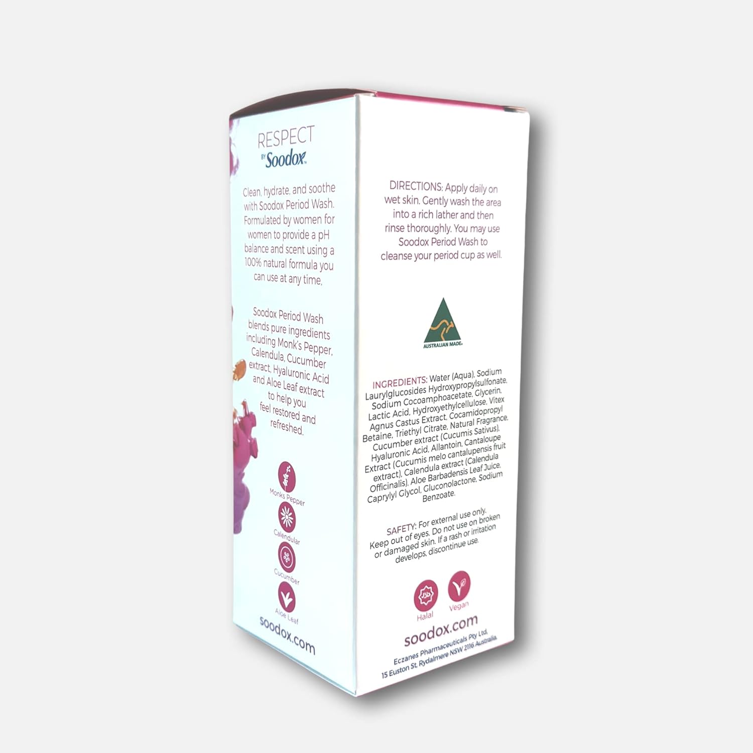 Soodox Respect Period Wash 200mL // pH Balanced Feminine Wash and Care // Natural Ingredients // Dermatologically Tested // Vegan & Halal // Australian Made