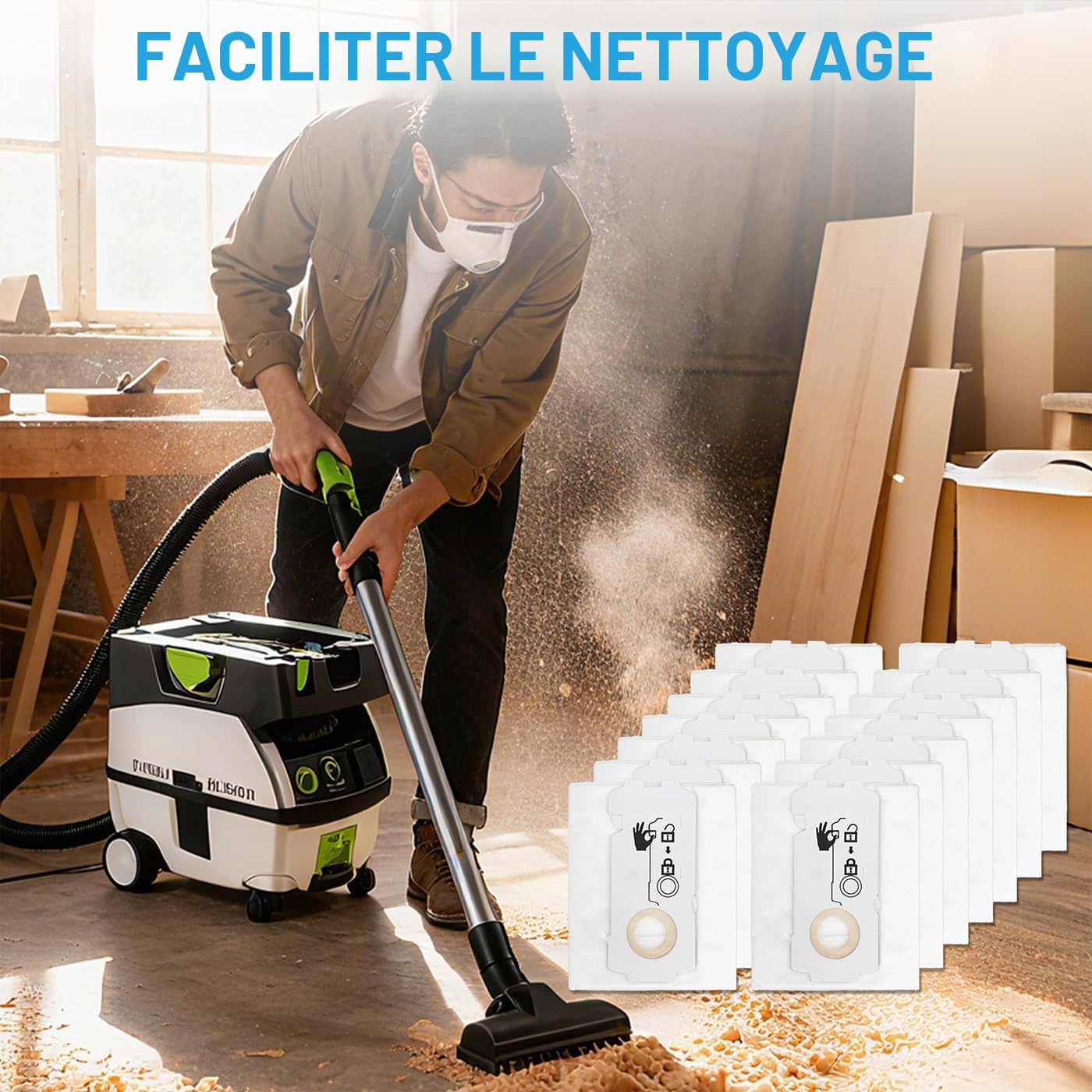 Lot de 12 sacs filtrants SELFCLEAN SC-FIS-CT MINI/MIDI-2/5 compatibles avec les sacs d'aspirateur Festool CT Mini/CT Midi/CT Midi I/CTC Mini/Midi/CT 15, à partir de l'année de construction 2019