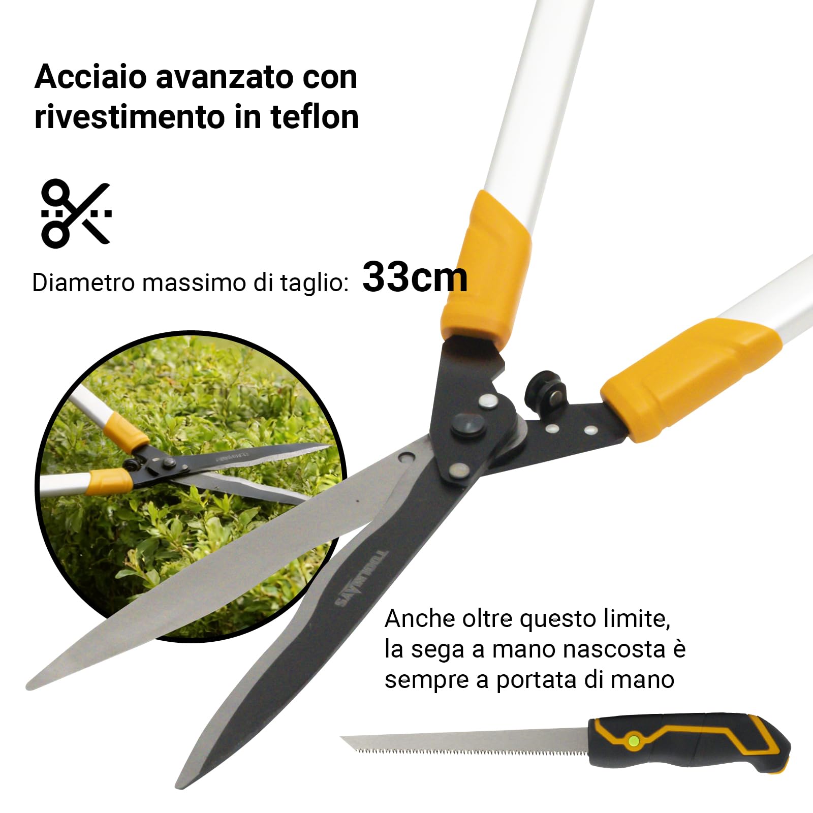 Tagliasiepi 78 cm, cesoie da giardino con sega a mano da 21 cm, cesoie professionali manualmente con design a testa angolata di 20°