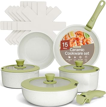 Bakken 15-Piece Non-Stick Cookware Set with Detachable Handles Granite Stackable Pots and Pans Set, Dish Washer Safe, Oven-Safe, and Compatible Kitchen Essential for All Stoves Green/Cream