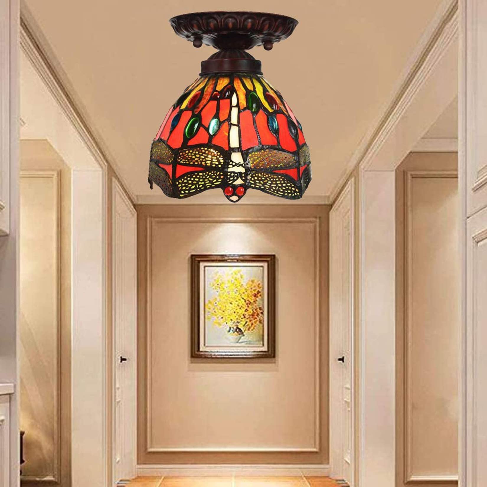 8-calowa miniaturowa lampa sufitowa czerwona ważka witraż klosz lampy wiszące 1-światło wisząca lampa do sypialni korytarz alejka kawiarnia