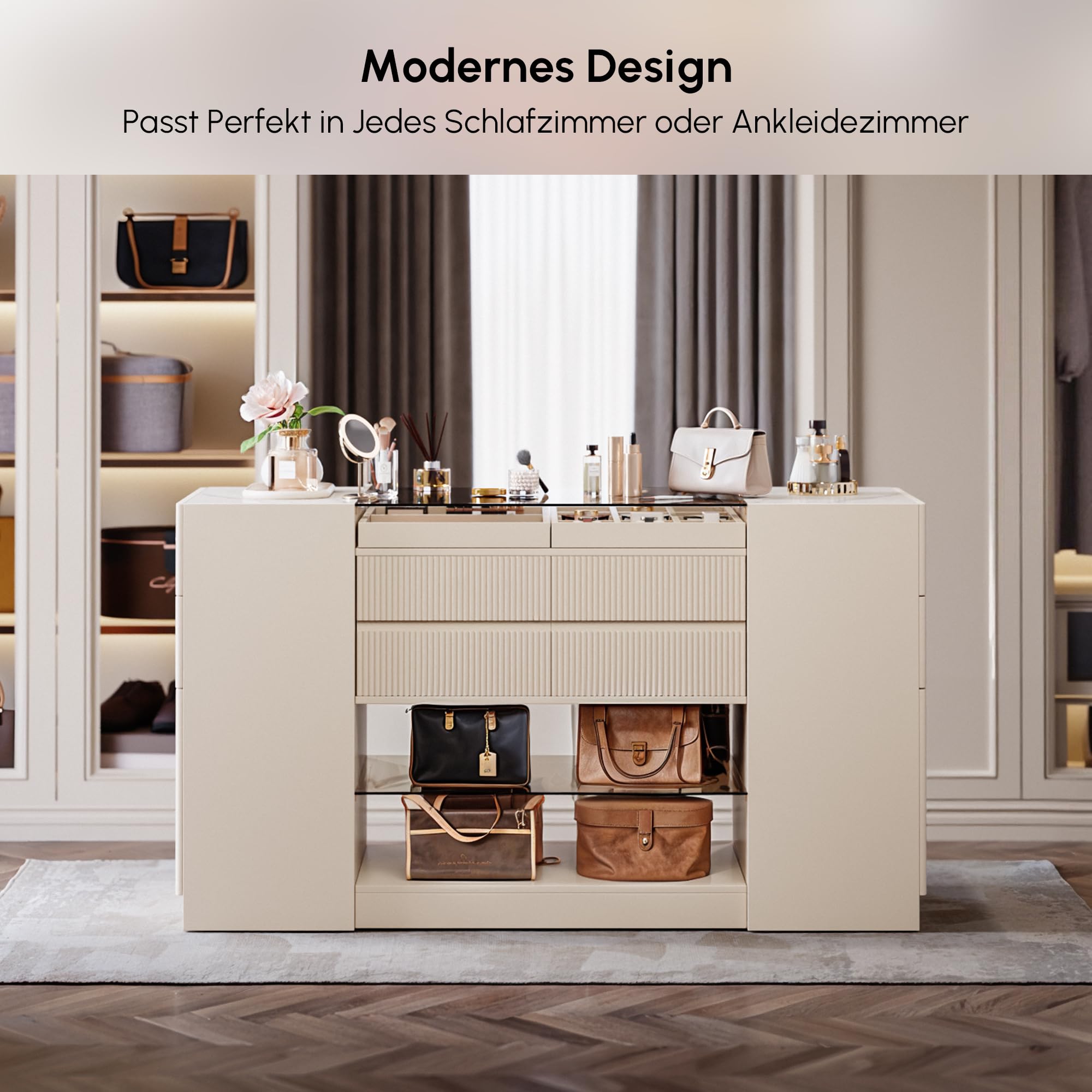 Homary 60 Zoll Insel Schmuckkommode mit Sinterstein & Glasplatte, 2 Schmuckfächern, 4 Schubladen, Türen & Regalen für begehbaren Kleiderschrank