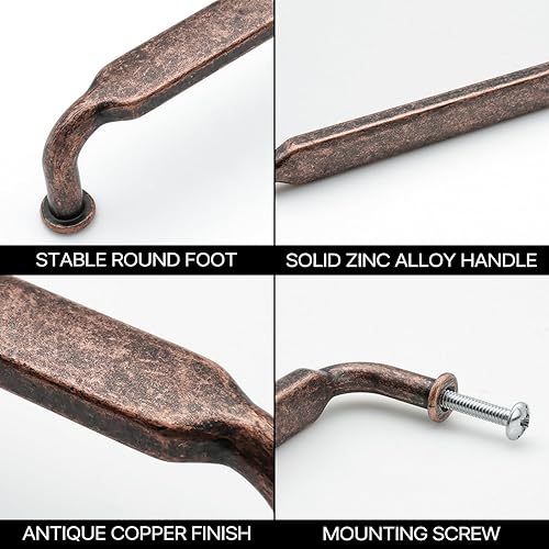 Miniatura 4 de Paquete de 10 tiradores de cobre antiguo de 5 pulgadas (5.039 in) con agujero central retro de bronce rojo para cajones, manijas vintage de cocina,