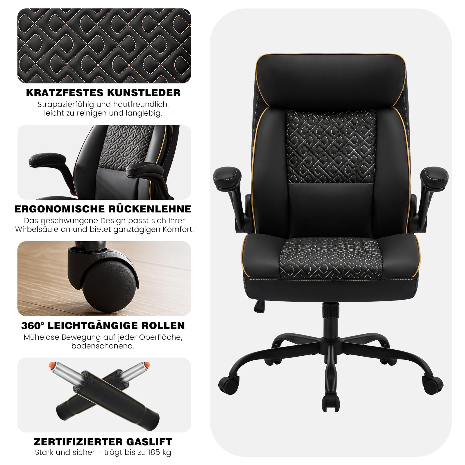 Hellove Chefsessel Bürostuhl 185kg Ergonomischer Kunstleder Schreibtischstuhl mit Verstellbarer Rückenlehne und Klappbaren Armlehnen, Drehstuhl mit Kopfstütze Computerstuhl Home Office Stuhl, Schwarz