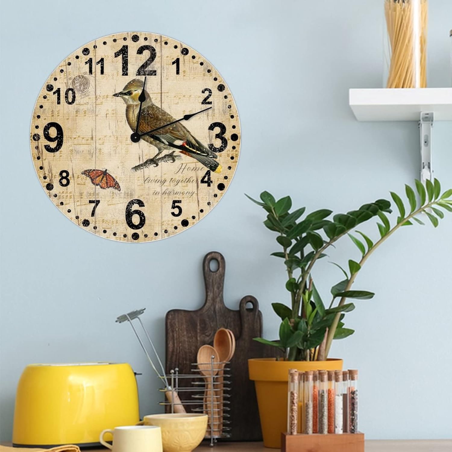 Vintage Bird Wall Clock Rustic 12 Inch Silent Battery Operated Round Decoration Quiet Classic Quartz Arabic Numerals Wall Art Clocks for Bedroom Farmhouse Kitchen Nursery Room