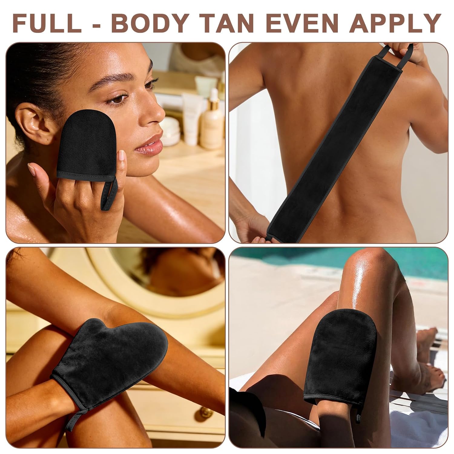 5-In-1 Self Tanner Mitt Kit, 2 Thumb Tanning Gloves, 1 Straight Body Mitt, 1 Mini Face Mitt and Back Tanning Applicator, Soft Velvet Tanning Tools for Full Body image 2