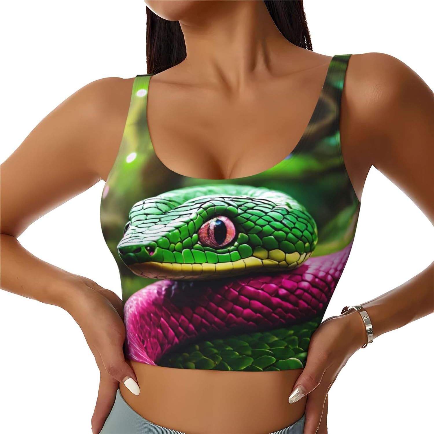 Green Snake Print High Impact Sports Bras,Longline Sports Bra,Perfect for Yoga,Running and Gym Workouts