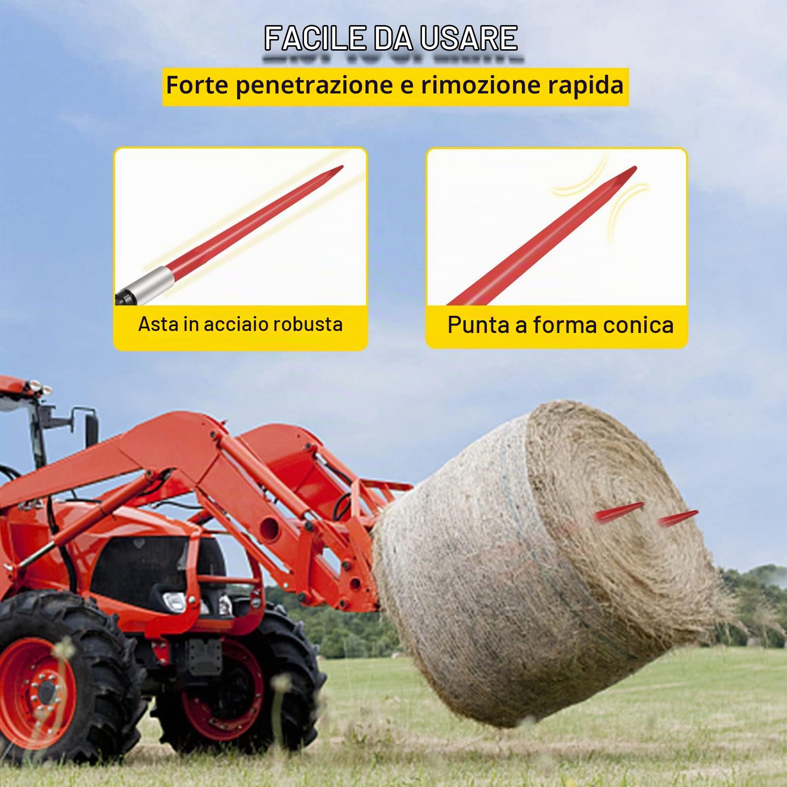 VEVOR Coppia Lancia per Fieno 39" Lancia per balle, capacità 3000 libbre, Punta per balle ad Attacco rapido Lancia Quadrata per balle di Fieno 1 3/4", forche per balle rivestite di Rosso