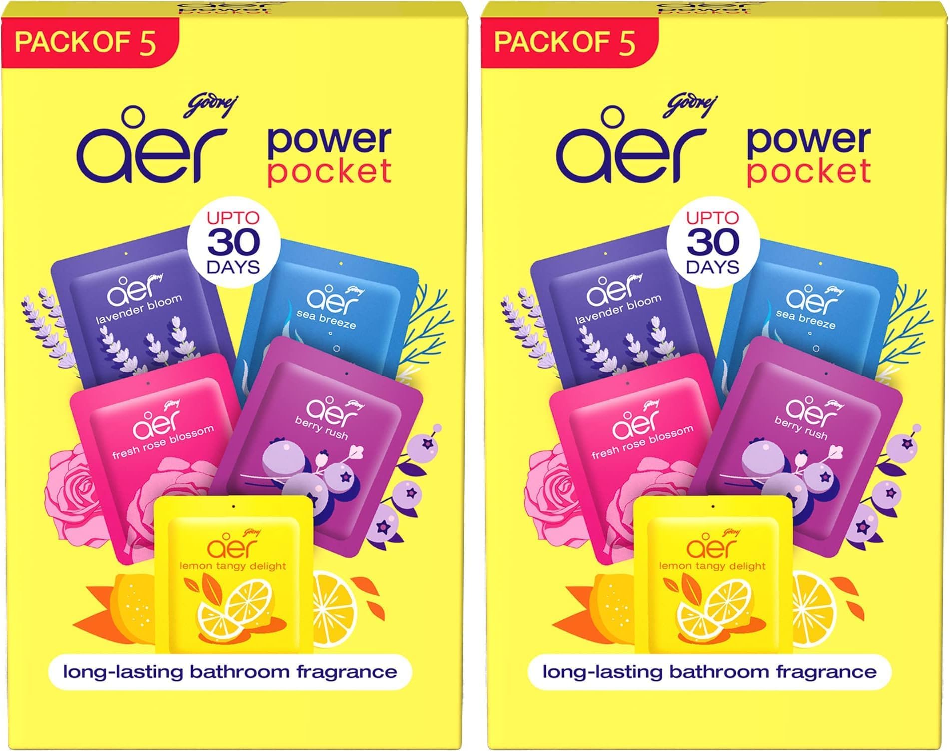 Godrej aer Power Pocket Air Freshener- Bathroom And Toilet Lasts Up To 30 Days Assorted Pack Of 10 (50G), Multicolour, 40017848