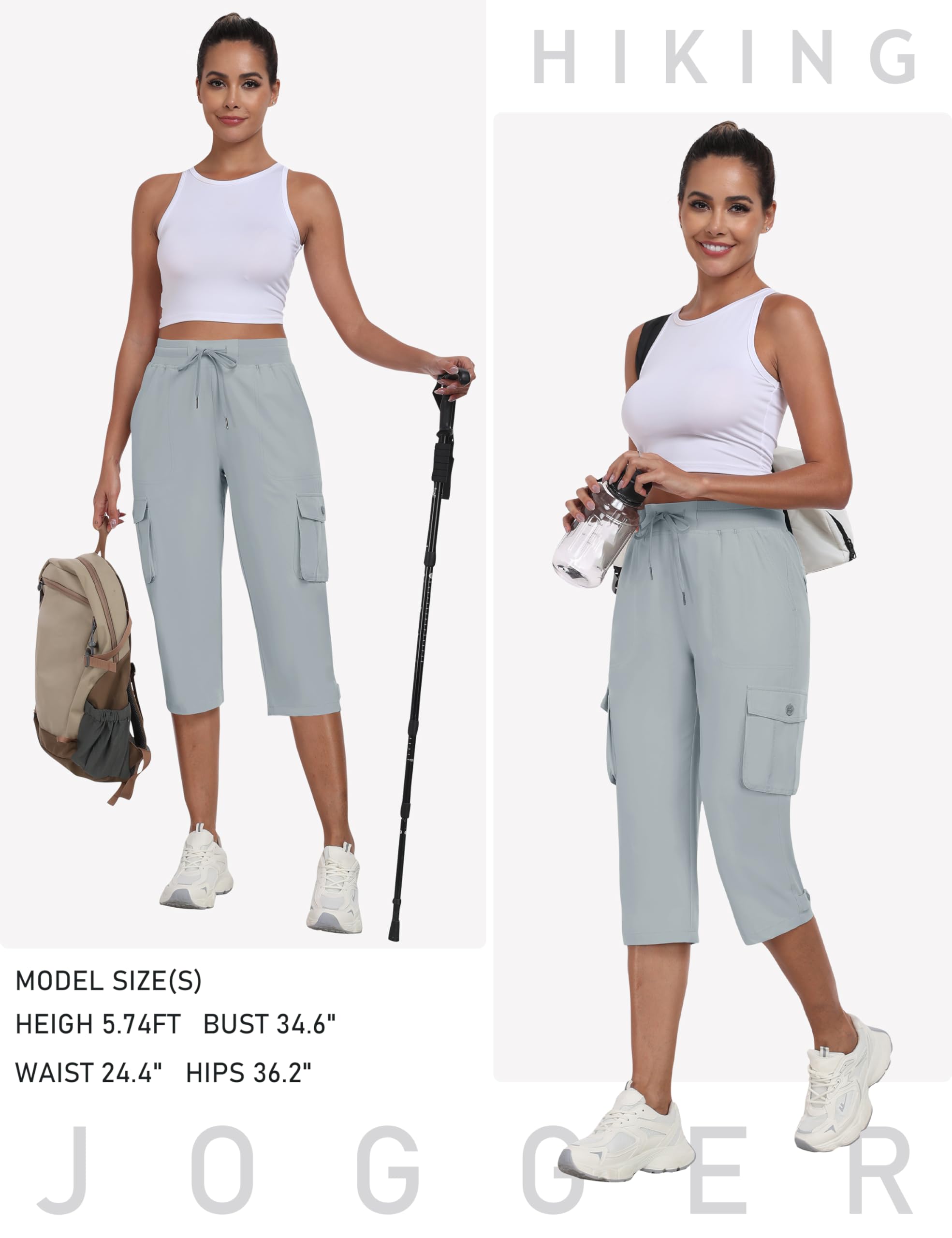 MoFiz Damskie spodnie cargo Capri 3/4, lekkie, outdoorowe, szybkoschnące, oddychające spodnie trekkingowe z kieszenią