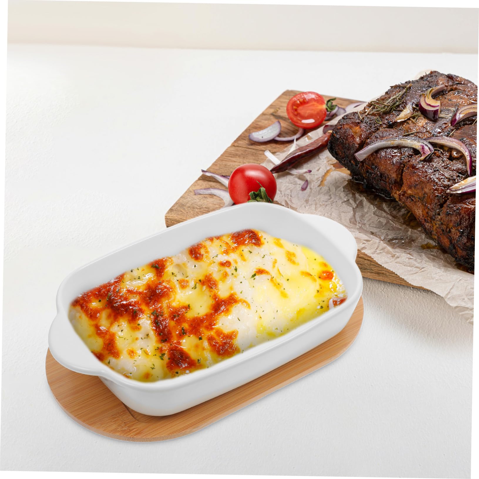 Cabilock Plat à Four Céramique à Double Poignée Plat de Cuisson avec Base Bois Saladier Décoratif pour Salade et Fromage