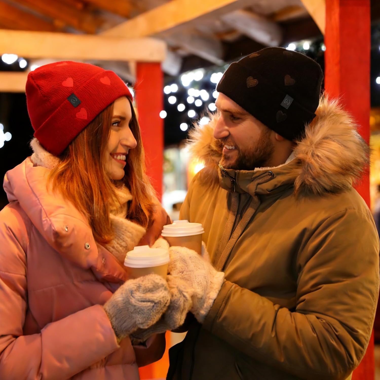 Valentine’s Day 100% Cotton Beanie for Couples Ribbed Beanie Hat Hearts Embroidered Beanie for V-Day Gifts - Image 5