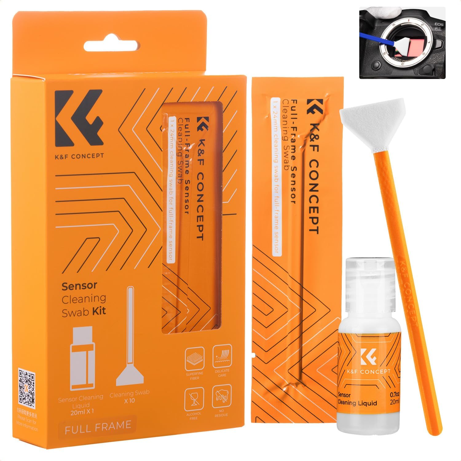 K&F CONCEPT 24mm Full Frame Sensor Cleaning Swab*10 + 20ml Sensor Cleaner, DSLR SLR Digital Camera CMOS and CCD Sensor Cleaning Swab Kits for Nikon Sony Canon Camera Clean