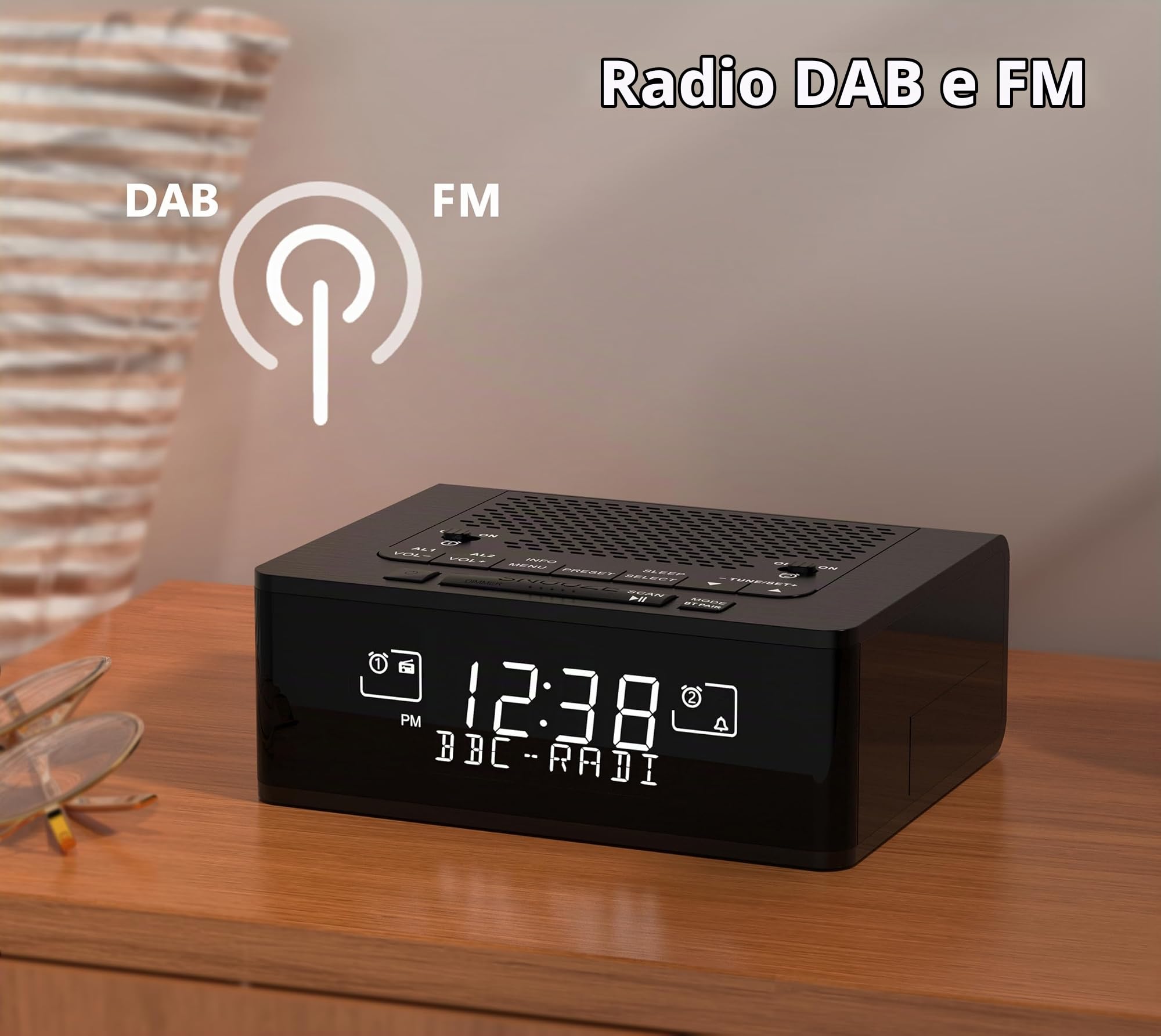 iTOMA Sveglia radio DAB e FM con 40 stazioni preimpostate, display LCD dimmerabile, doppia sveglia con pulsante ON/OFF, snooze, Bluetooth 525