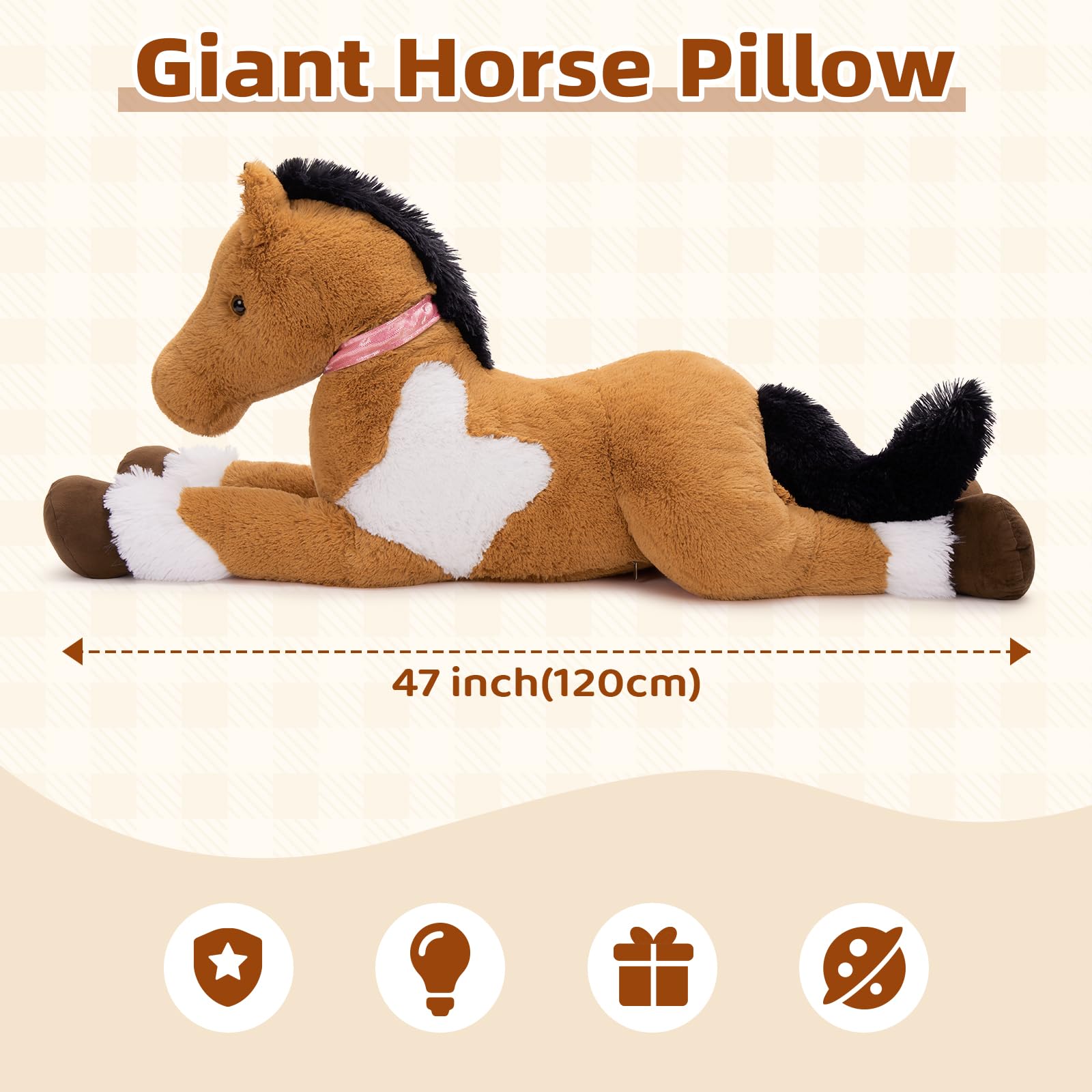 KERTA 47inches Giant Realistic Horse Stuffed Animals, 4ft Soft Horse Plush Hugging Pillow, Large Stuffed Pony Plush Toys Birthday Gift for Boys Girls 4