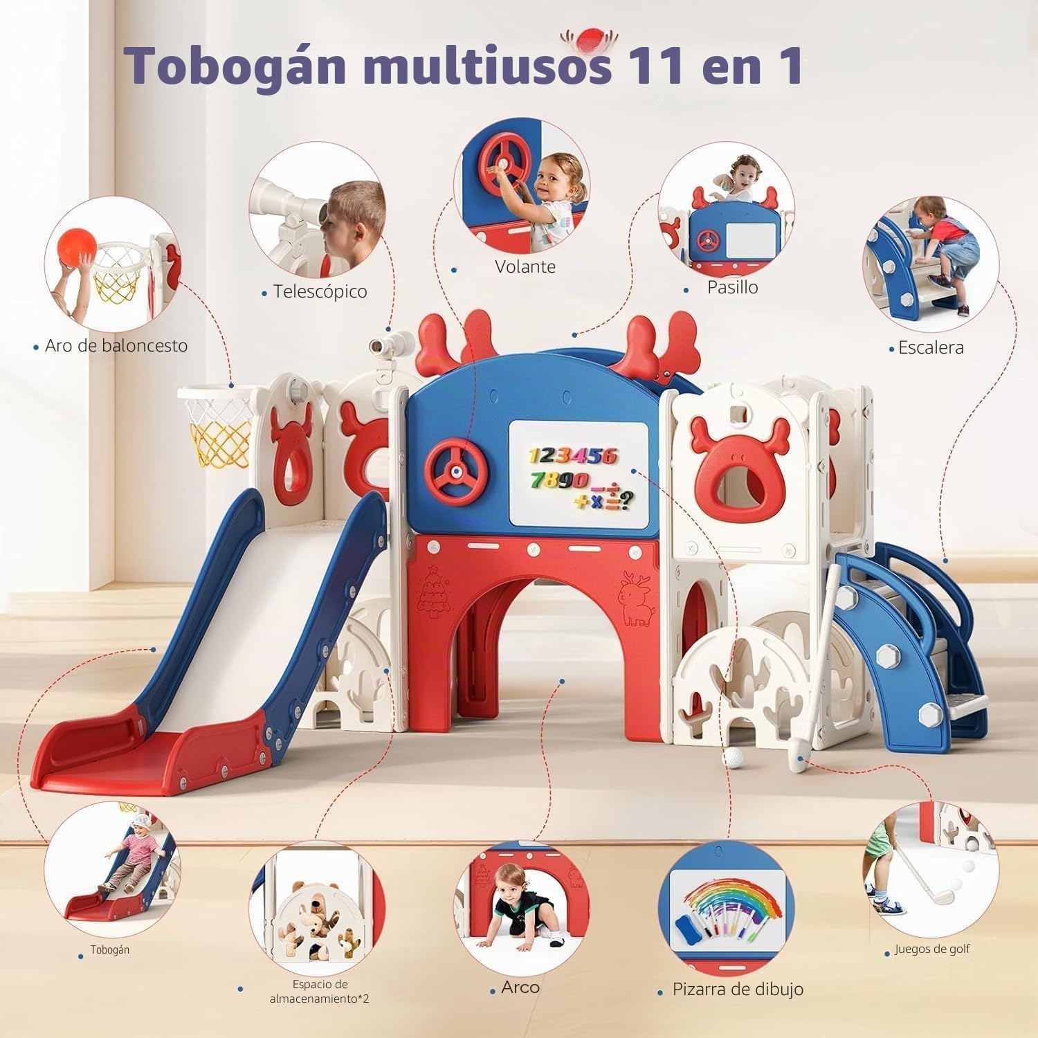 Tobogán para niños, grande con canasta de baloncesto, estructura de escalada para jardín, telescopio, espacio de almacenamiento (tobogán alce 7 en 1 – azul y rojo)