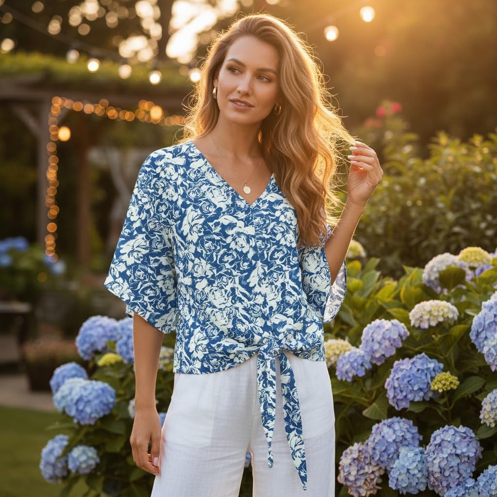 VIISHOW Womens Tie Front Chiffon Blouses V Neck Batwing Short Sleeve Summer Tops Shirts - Image 2