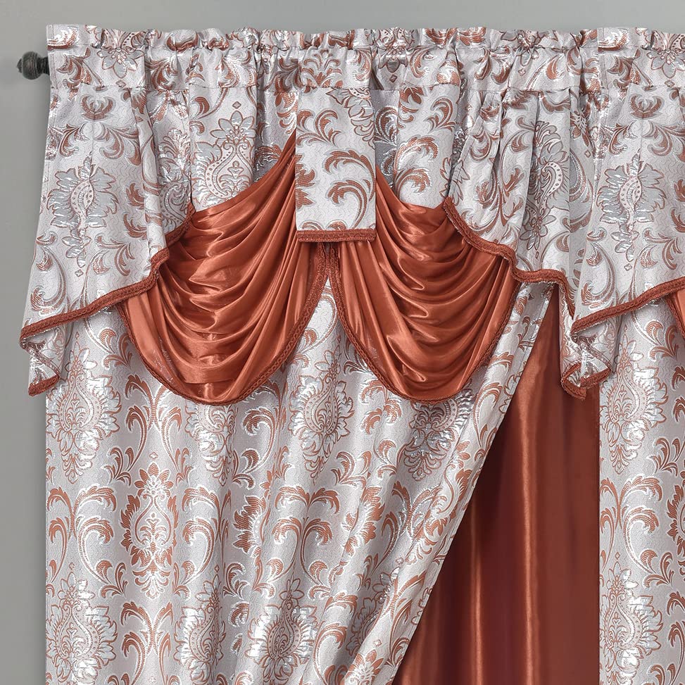 GOHD Samba Star. Jacquard Window Curtain Panel Drape with Attached Fancy Valance and Taffeta Backing. 2pcs Set. Each pc 54" Wide x 90" Drop with 18" Valance. (Rust) - Image 2