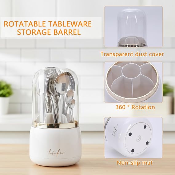White Rotating Utensil Holder - Utensil Pot, Spoon Holder Cutlery Organiser with Multi-Compartment, Kitchen Utensils Holder for Cooking Tools/Tableware
