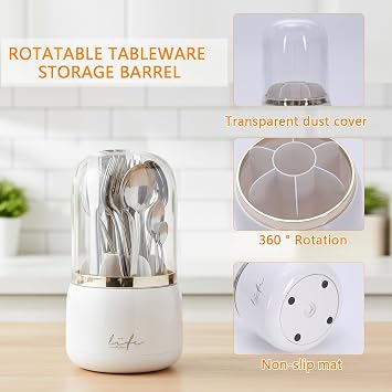 White Rotating Utensil Holder - Utensil Pot, Spoon Holder Cutlery Organiser with Multi-Compartment, Kitchen Utensils Holder for Cooking Tools/Tableware