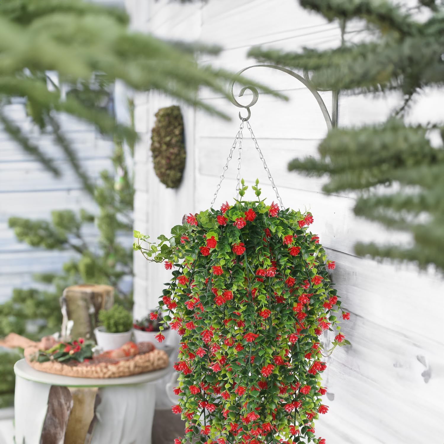 2Pcs Artificial Hanging Flowers,UV-Resistant Fake Hanging Plants Flower Bouquet Hanging Vine Plants Drooping Plants for Wall Home Garden Yard Patio Wedding Indoor Outdoor Decoration (Red)