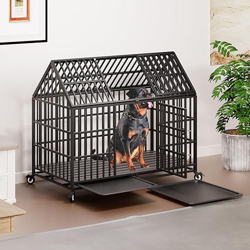 Miniatura 7 de Jaulas resistentes de 54 pulgadas para perros grandes, jaula indestructible a prueba de escapes con ruedas bloqueables, doble puerta de alta