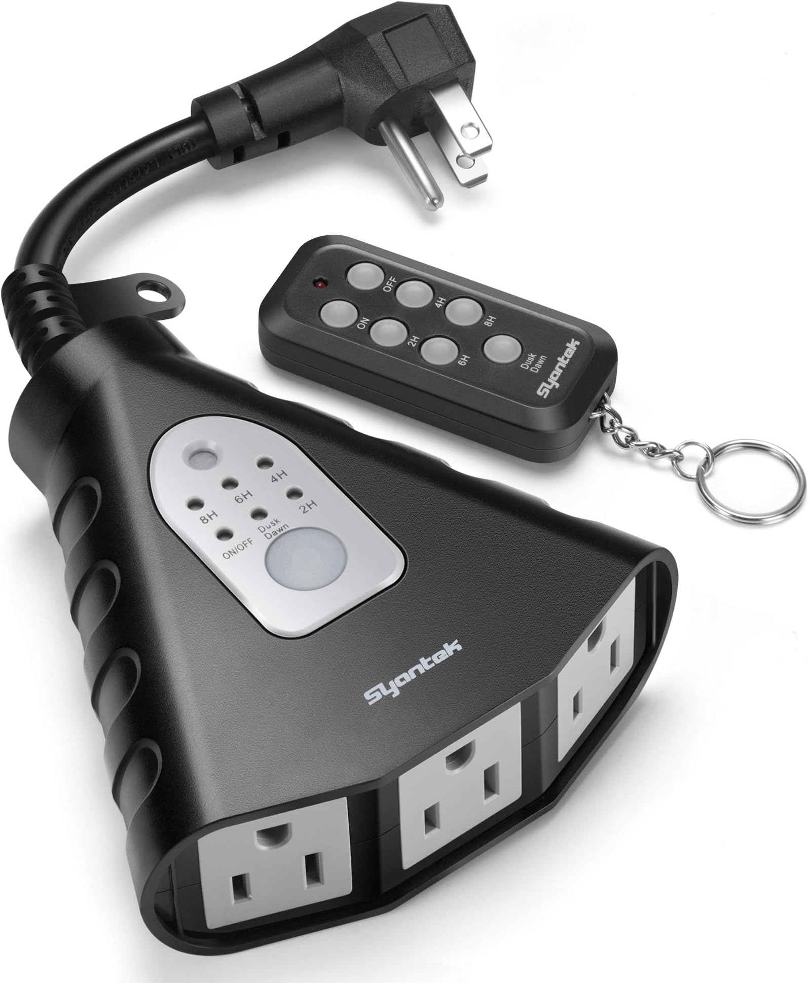 Syantek Outdoor Light Timer, Waterproof Outdoor Remote Control Outlets, Dusk to Dawn Light Sensor and Countdown Timer, 100 ft Range Remote Control with 3 Ground Outlets, ETL Listed